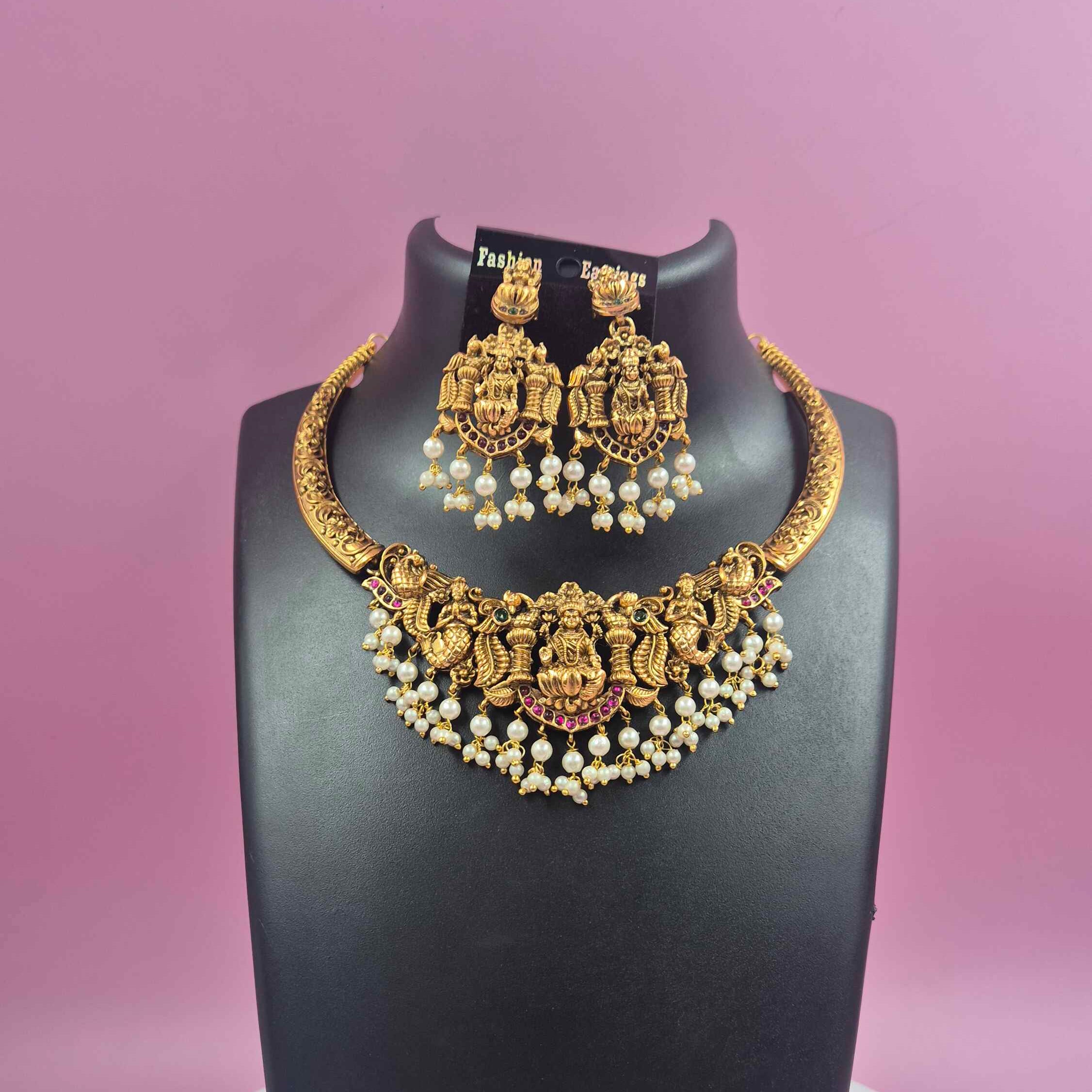 Antique Gold Lakshmi Temple Choker Necklace-Hasli model Set with Pearl Drops & Matching Earrings