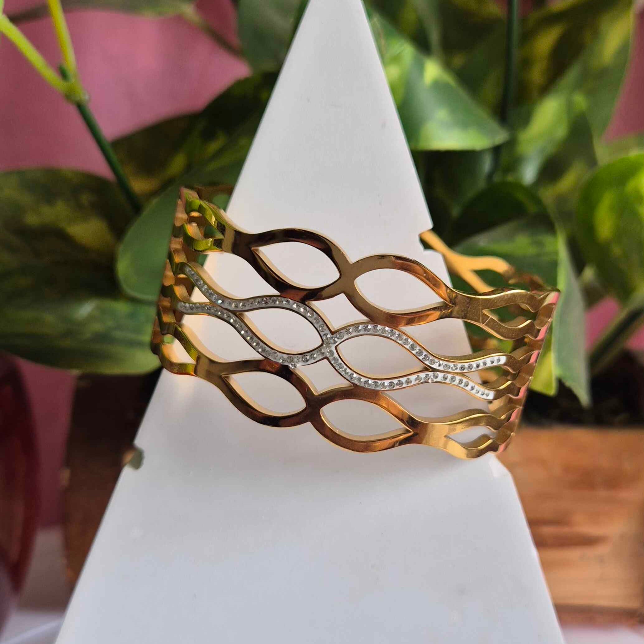 Designer Leaf Pattern Gold Kada Bangle for Women | Crystal Studded Wide Cuff Bracelet