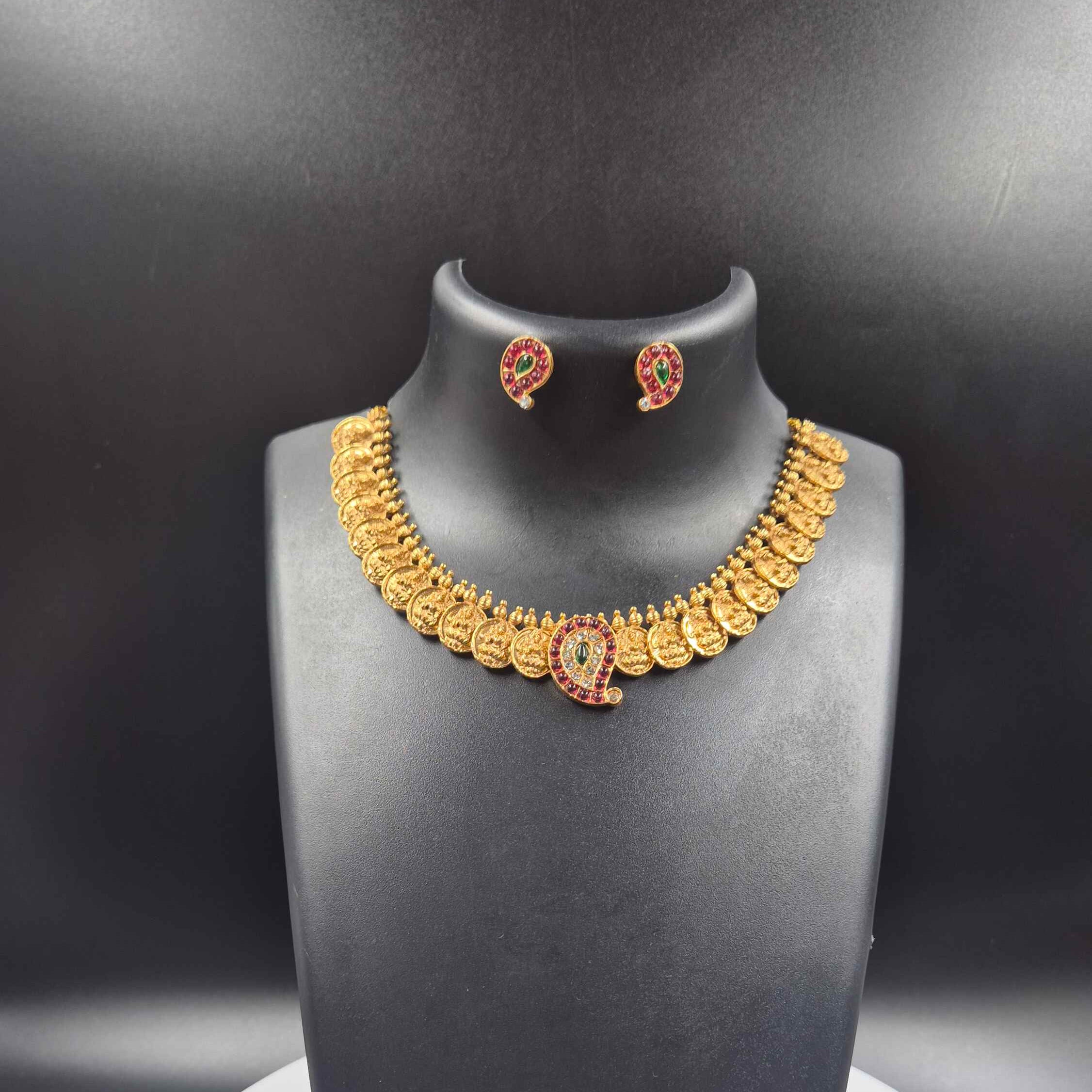 Antique Coin Necklace Set with mango pendant | Traditional Temple Jewelry for Women