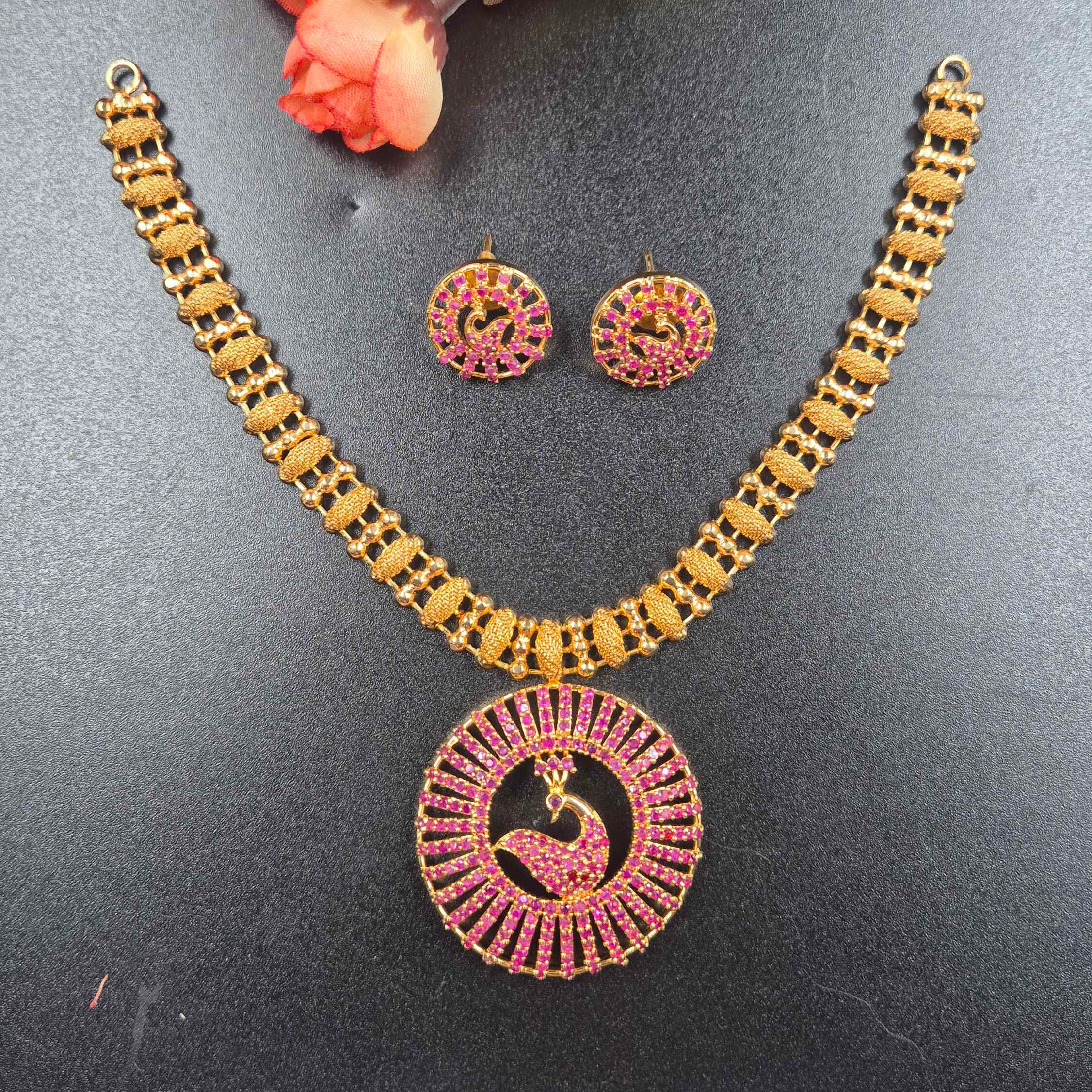 Pink Peacock Pendant Necklace Set | Gold Finish CZ Party Wear Jewellery